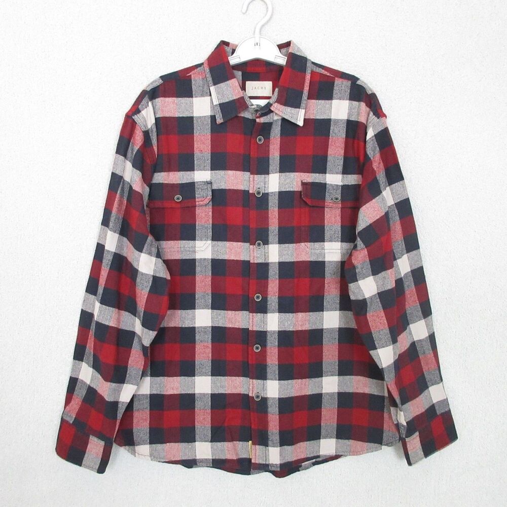 JACHS Flannel Shirt Mens 2XL Red Navy White Plaid Heavyweight‎ Long Sleeve